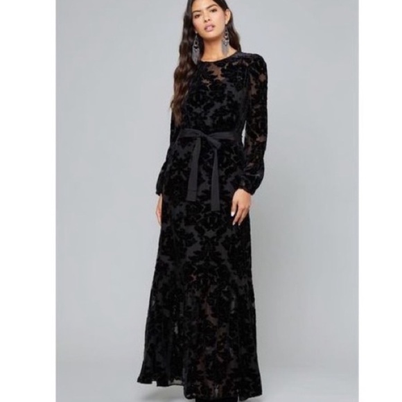 NWT Bebe Black Velvet Burnout Floral Long Puff Sleeves Ruffle Maxi Dress Size 4 - Picture 1 of 16